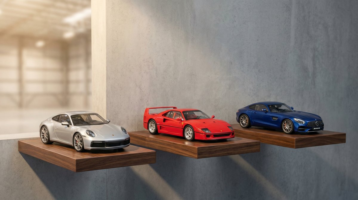 Sklad Models118 so zberateľskými kovovými modelmi aut vo vitrínach v Częstochowe, Poľsko